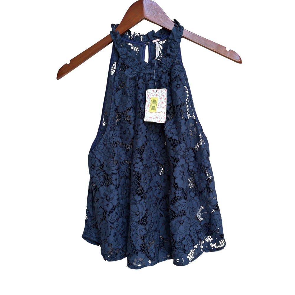 NWT Free People Blue Floral Lace Halter Neck Sleeveless Top Medium OB756083